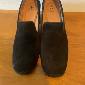 Black suede square toe loafer pumps